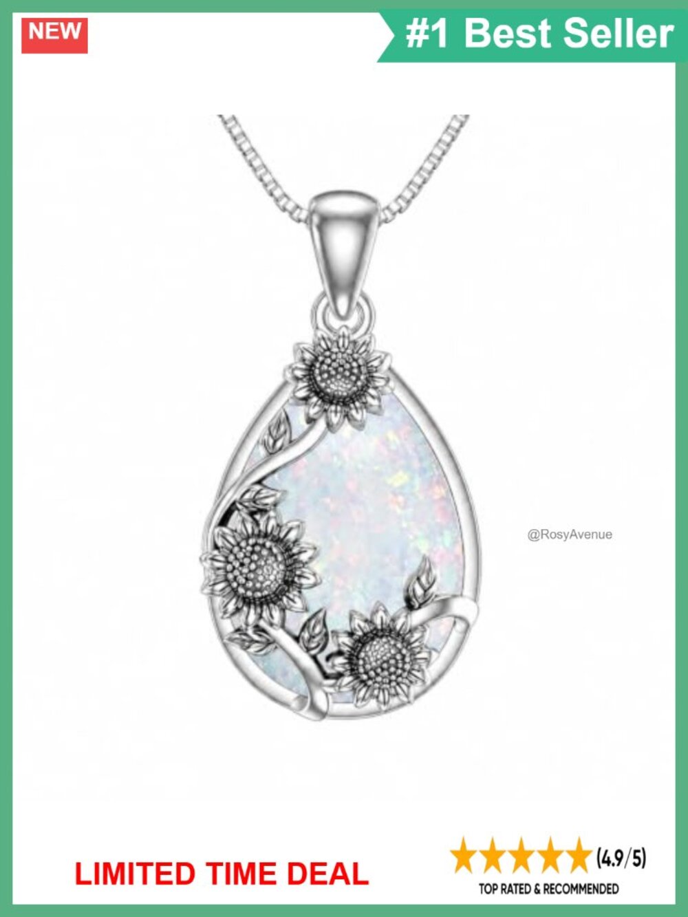 White Opal Sunflower Pendant Necklace White Gold Plated 22mm Teardrop